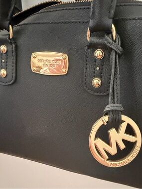 Michael Kors Black Leather Satchel with Gold MK Charm